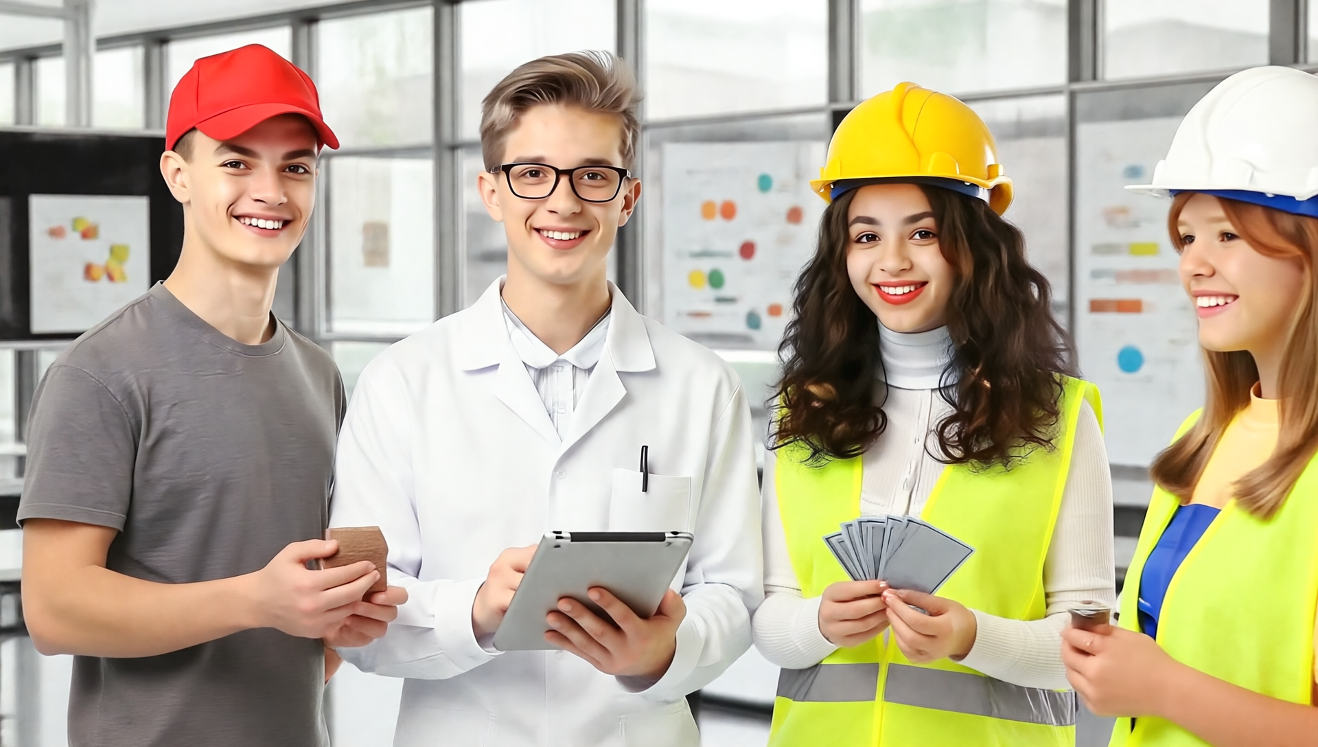 Apprenticeship aptitude test: Since there are various aptitude tests for apprenticeships and future careers, this symbolic photo shows several young people from different professions.