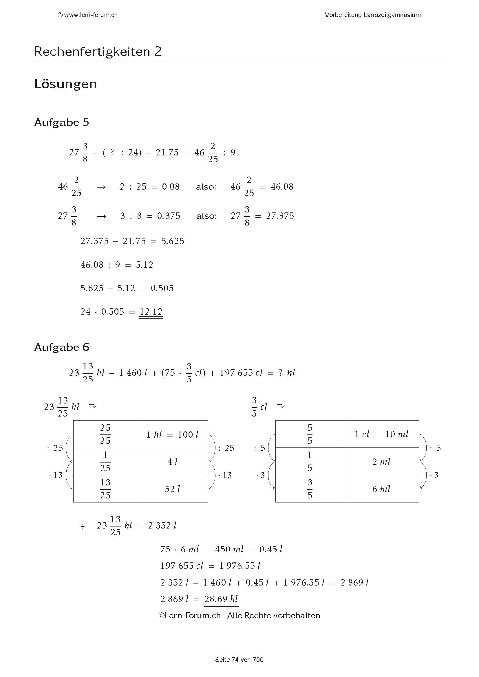 Auszug Vorbereitung Mathematik 6. Klasse