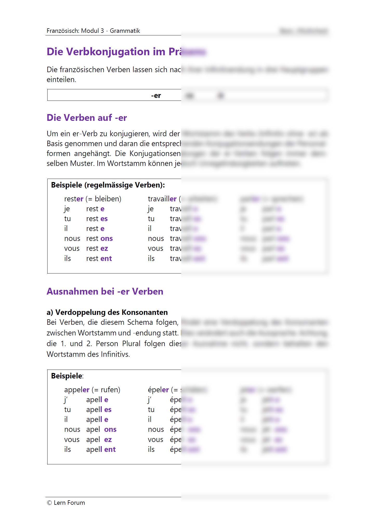 Auszug Vorbereitung Kurzgymnasium Französisch