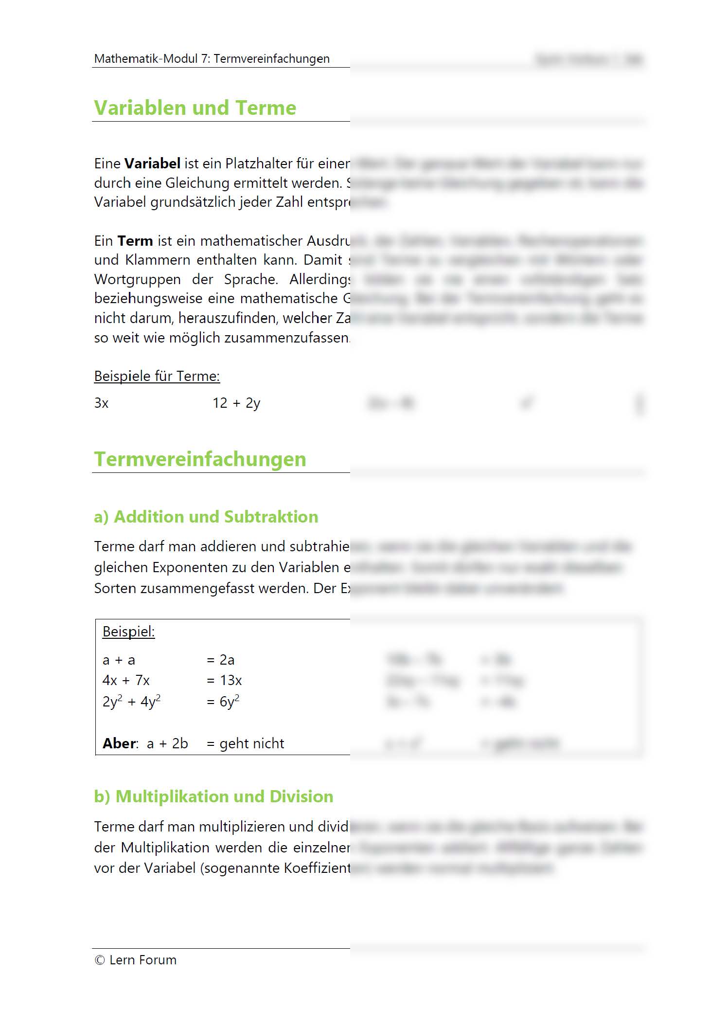 Auszug Vorbereitung Kurzgymnasium Mathematik