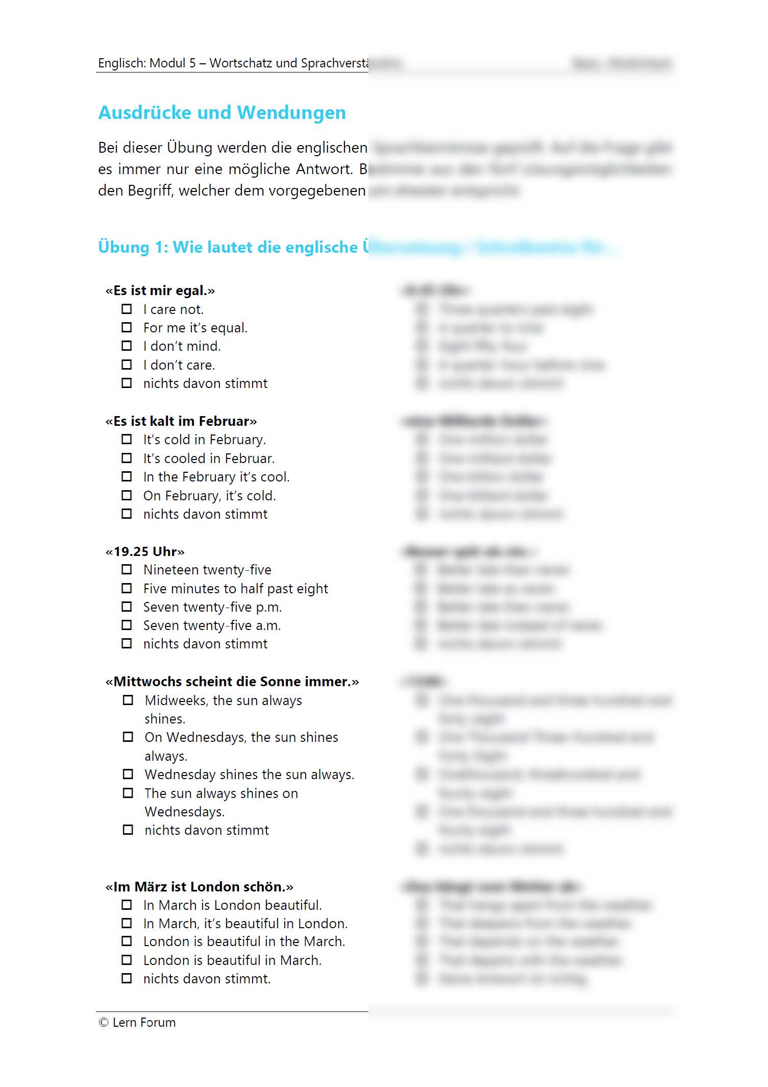 English excerpt preparation multicheck