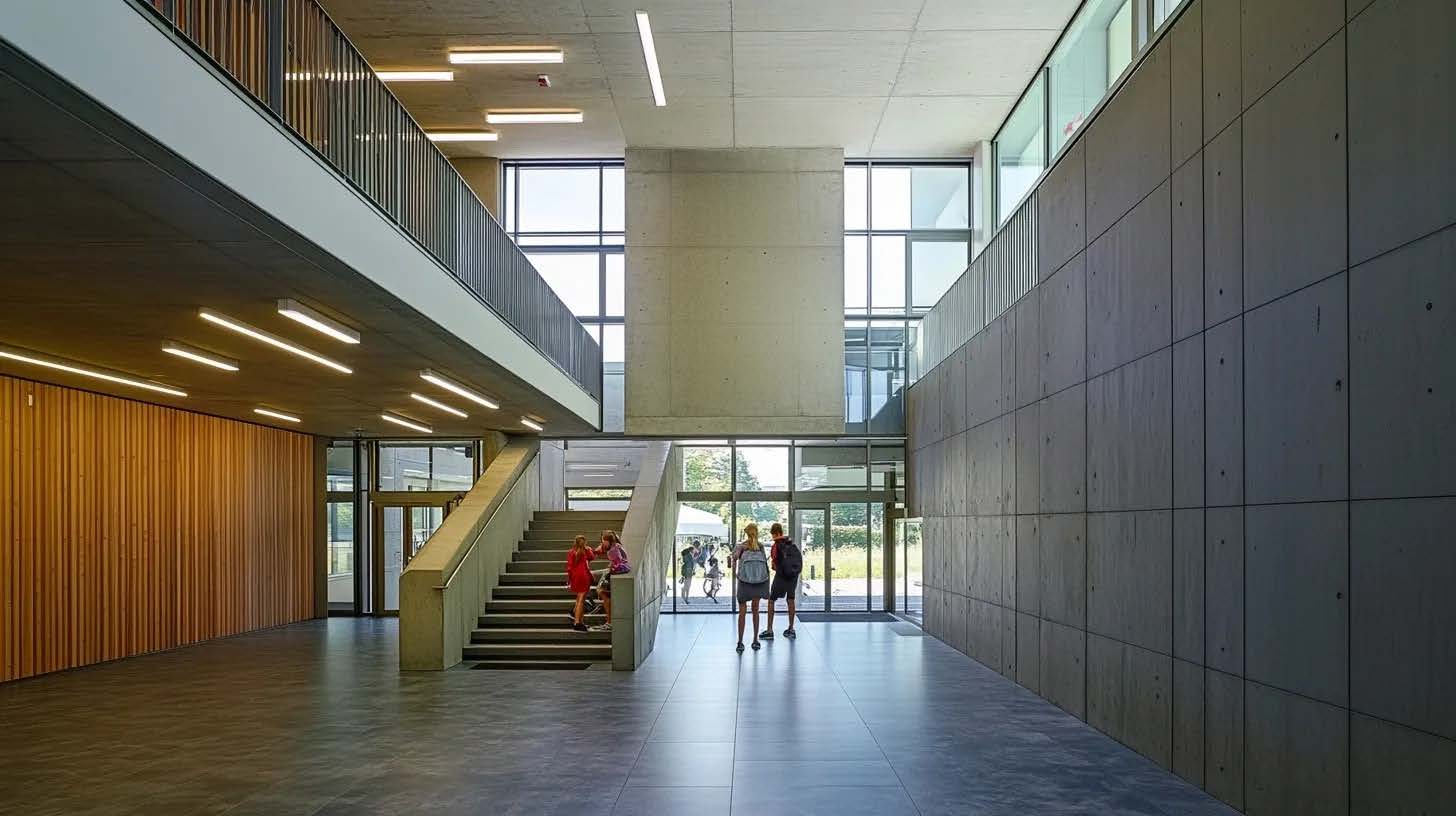 Bei der Schulkarriere im Kanton Aargau geht es auch um die Frage vom Notenschnitt für die Bezirksschule im Aargau (Notendurchschnitt), die hier auf dem Foto von einer grosszügigen Eingangshalle eines Schulgebäudes symbolisiert wird, in der sich Schüler aufhalten.