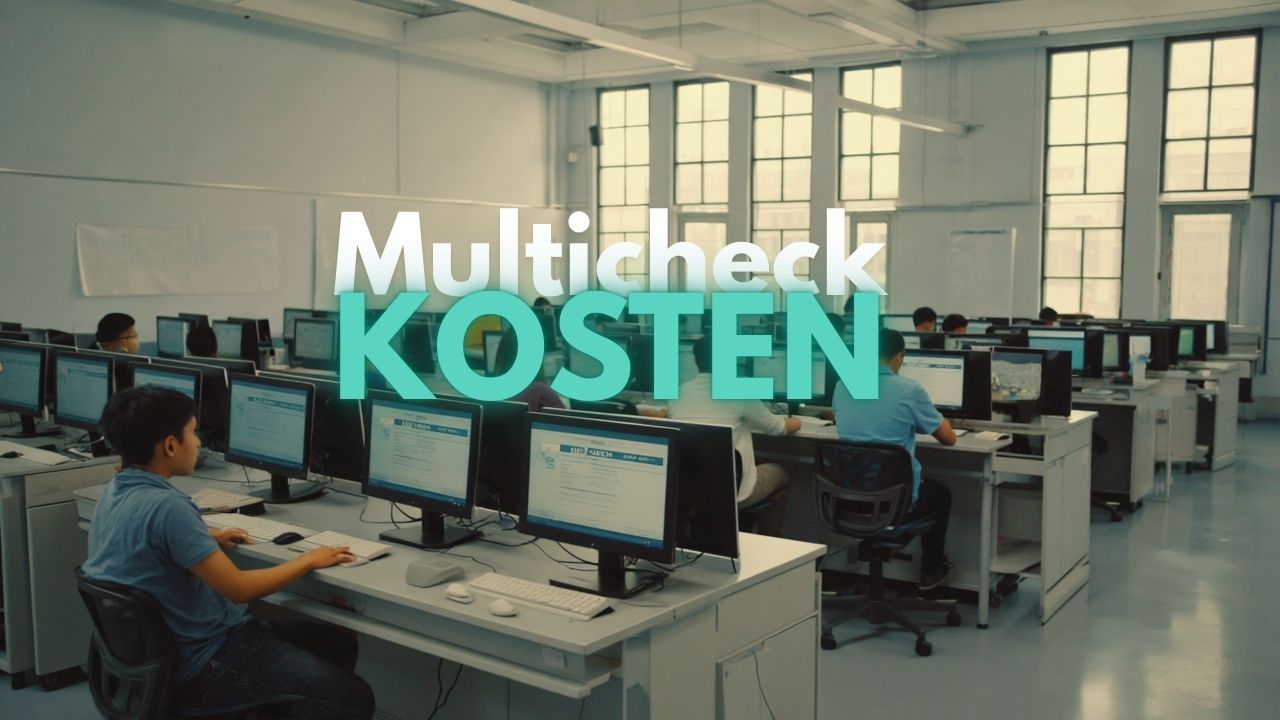 Was kostet ein Multicheck, also wie teuer der Multicheck-Test ist, wird auf diesem Foto thematisiert mit dem mittigen Bild-Titel Multicheck Kosten und vielen Schülern, die in einem grossen Schulungsraum vor Computern sitzen.