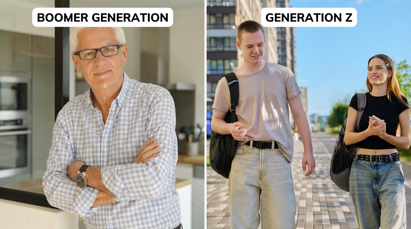 Boomers vs Gen Z: This is what the symbolic photo here expresses, showing an older gentleman on the left, above him a box labelled Boomer Generation to represent the Boomer generation. On the right are a young man and woman who look like students, above them a box labelled Generation Z to represent Gen Z.