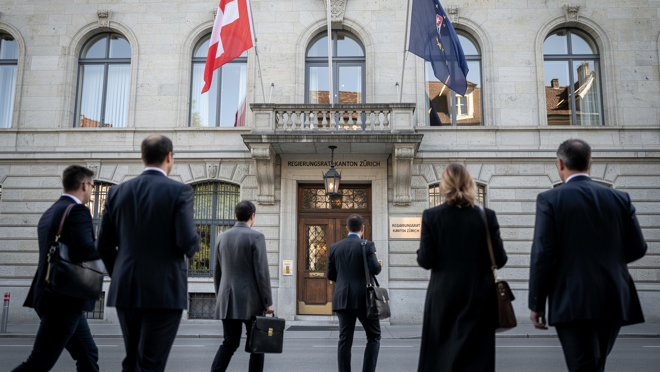 Abschaffung Gymiprüfung: Auf diesem Symbolfoto, das den Regierungsrat des Kantons Zürich symbolisiert mit Personen im schwarzen Anzug und Aktentaschen, die vor einem Regierungsgebäude stehen, soll die immer wiederkehrende Diskussion um das Abschaffen der Gymiprüfung im Kanton Zürich symbolisiert werden.