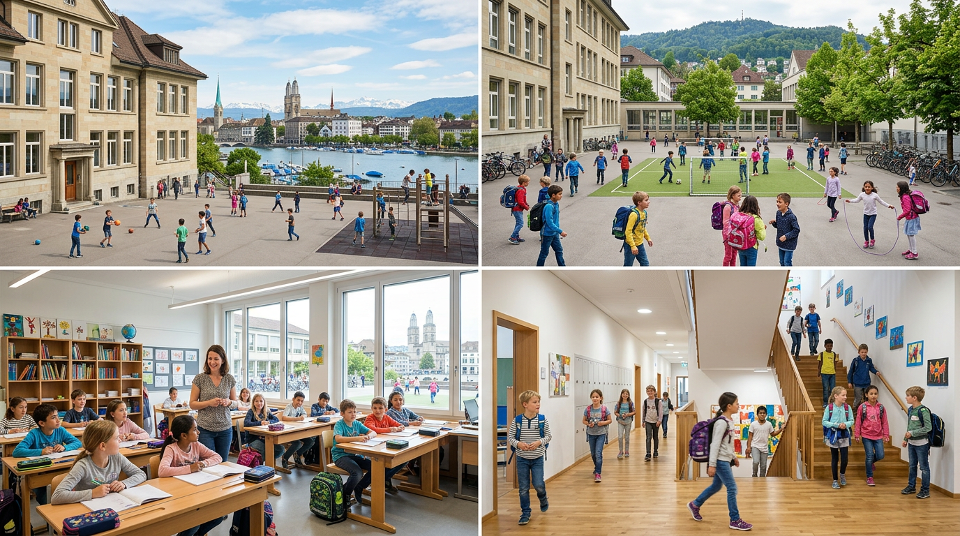 Schulsystem Kanton Zürich: Das soll dieses Symbolfoto hier symbolisieren, auf dem verschiedene Ansichten einer Schule in Zürich zu sehen sind.